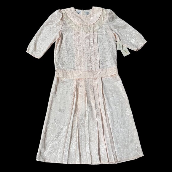 Vintage Peach Floral Dress 80s Nilani Korea Sz 8 Lace Shoulder Pads Drop Waist - Picture 2 of 9